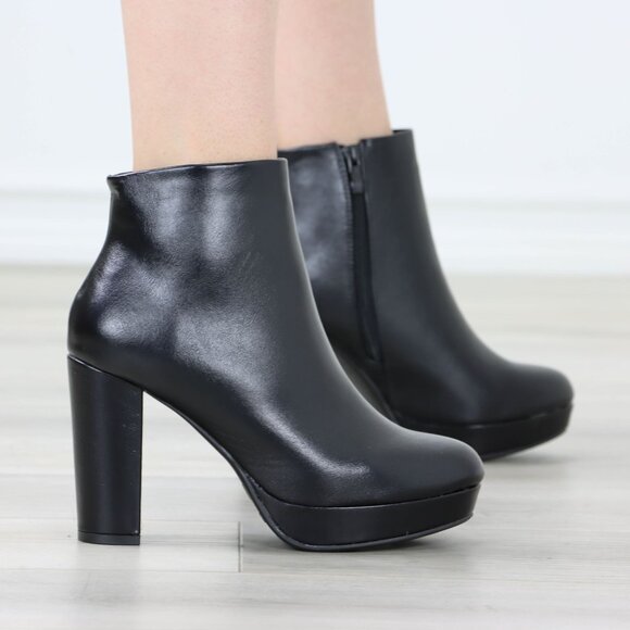 Womens Chunky Platform High Heeled Bootie Zip Up Black Ankle Boots Block Heel - Picture 3 of 15